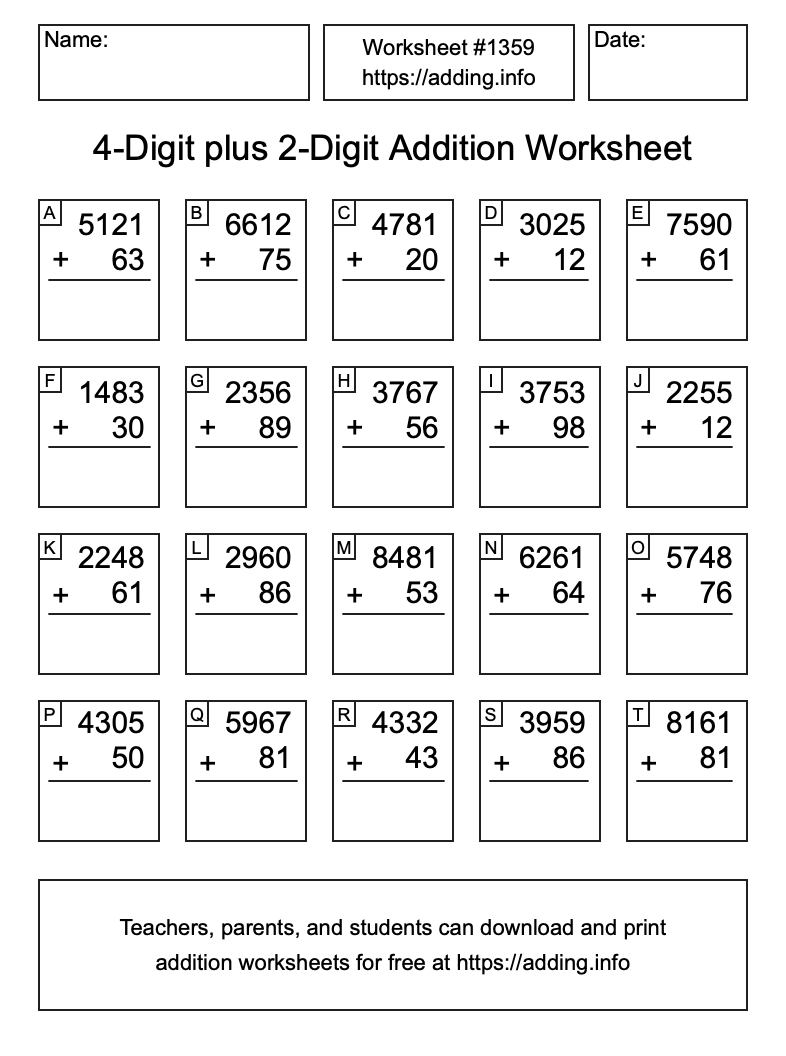 Addition Worksheet #1359 (4-Digit plus 2-Digit)