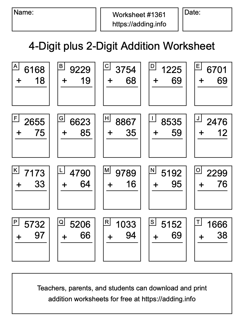 Addition Worksheet #1361 (4-Digit plus 2-Digit)