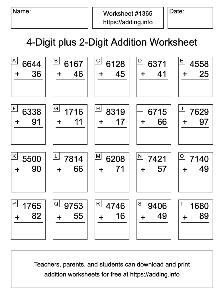 Addition Worksheet #1365 (4-Digit plus 2-Digit)