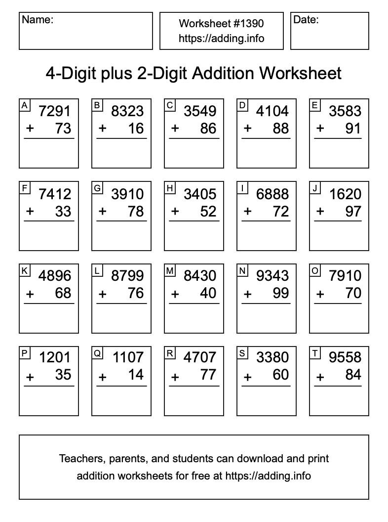 Addition Worksheet #1390 (4-Digit plus 2-Digit)