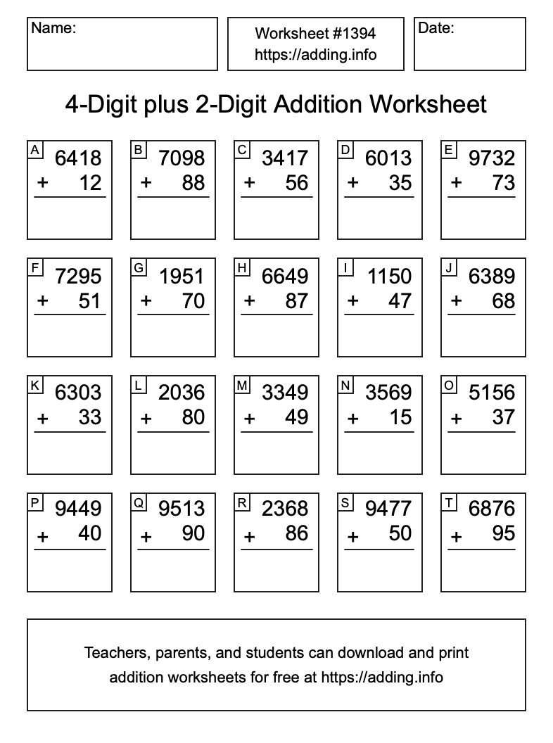 Addition Worksheet #1394 (4-Digit plus 2-Digit)