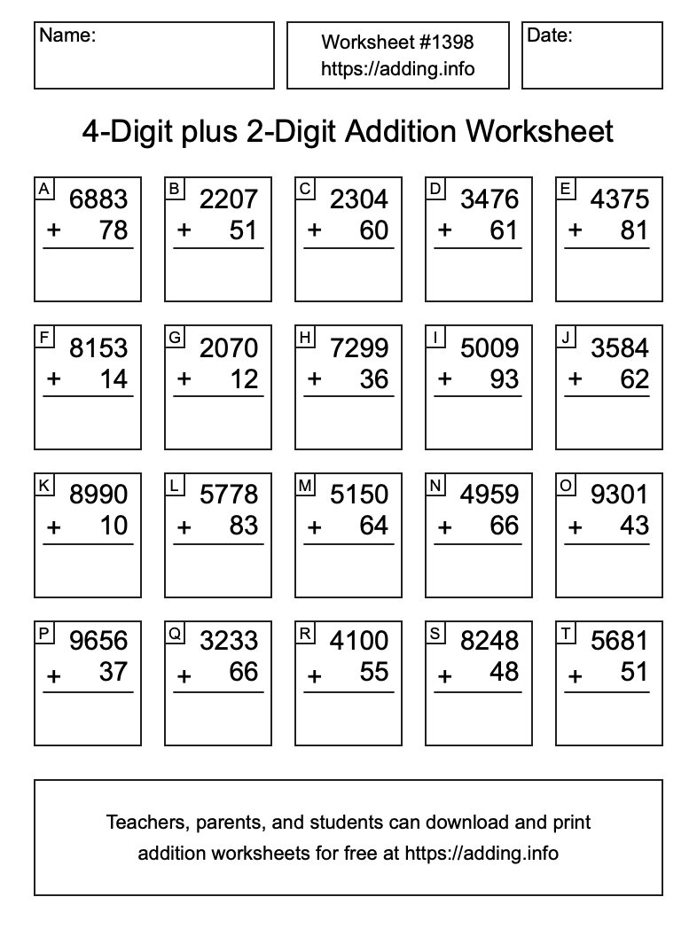 Addition Worksheet #1398 (4-Digit plus 2-Digit)