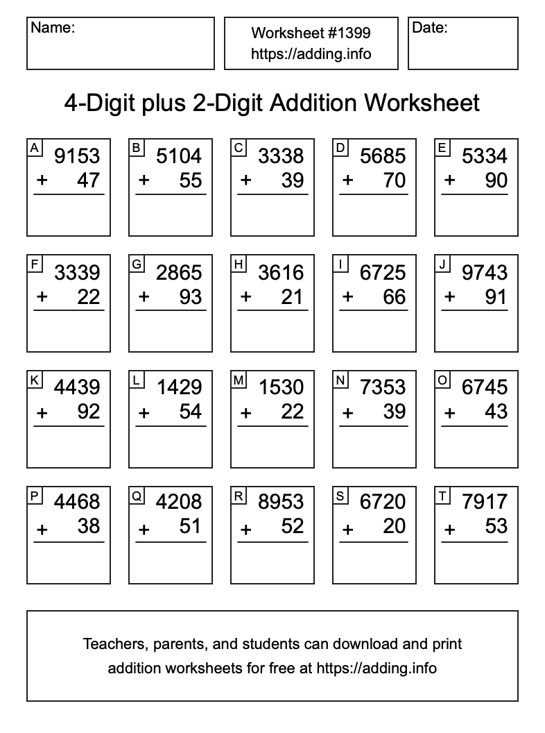 Addition Worksheet #1399 (4-Digit plus 2-Digit)