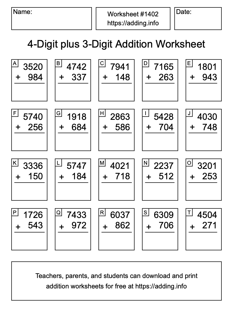 Addition Worksheet #1402 (4-Digit plus 3-Digit)