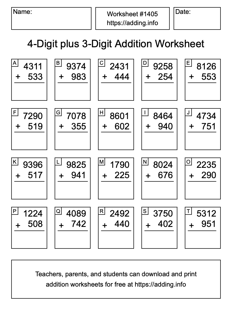 Addition Worksheet #1405 (4-Digit plus 3-Digit)