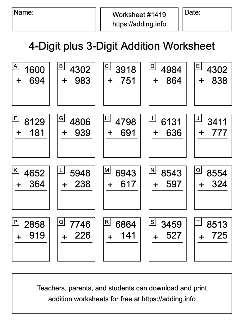 Addition Worksheet #1419 (4-Digit plus 3-Digit)