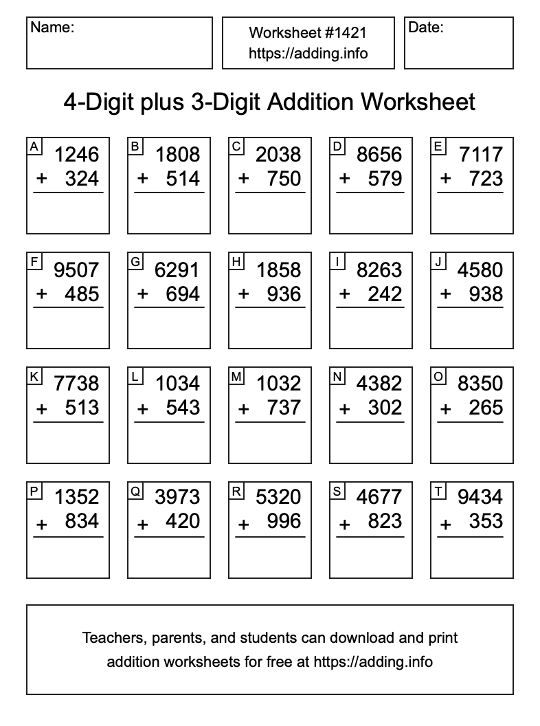 Addition Worksheet #1421 (4-Digit plus 3-Digit)