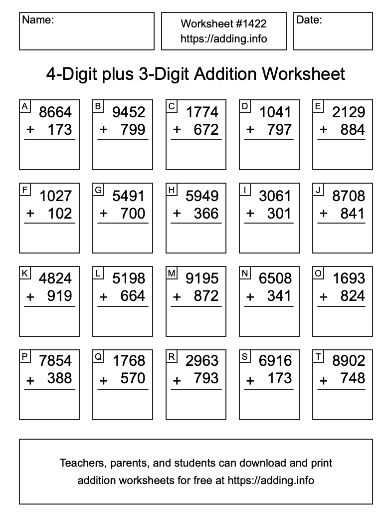 Addition Worksheet #1422 (4-Digit plus 3-Digit)