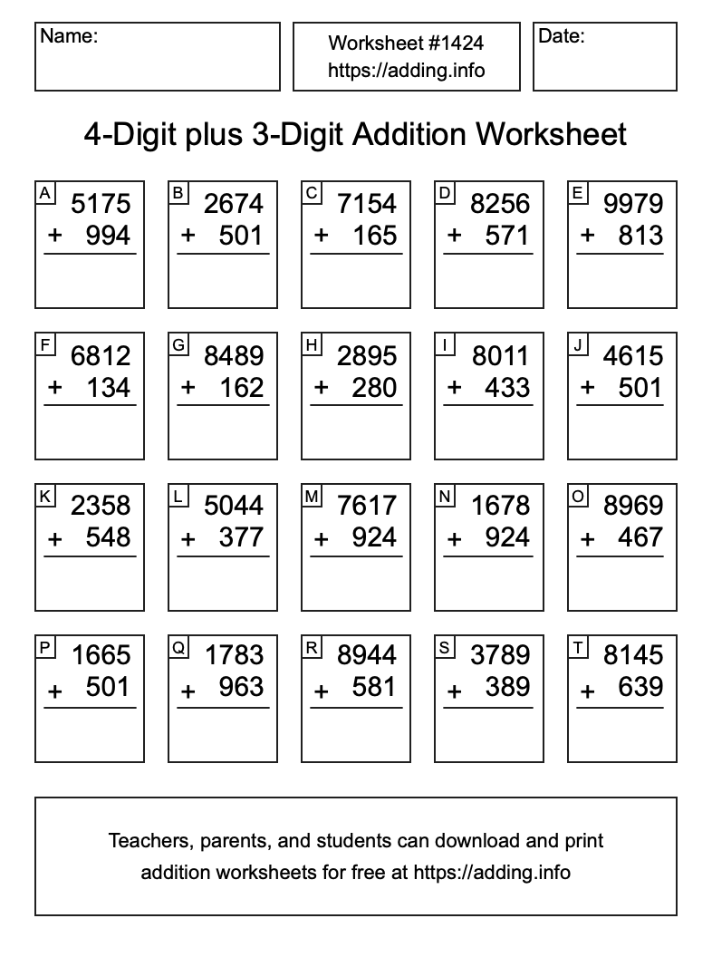 Addition Worksheet #1424 (4-Digit plus 3-Digit)