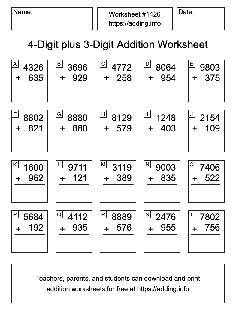 Addition Worksheet #1426 (4-Digit plus 3-Digit)
