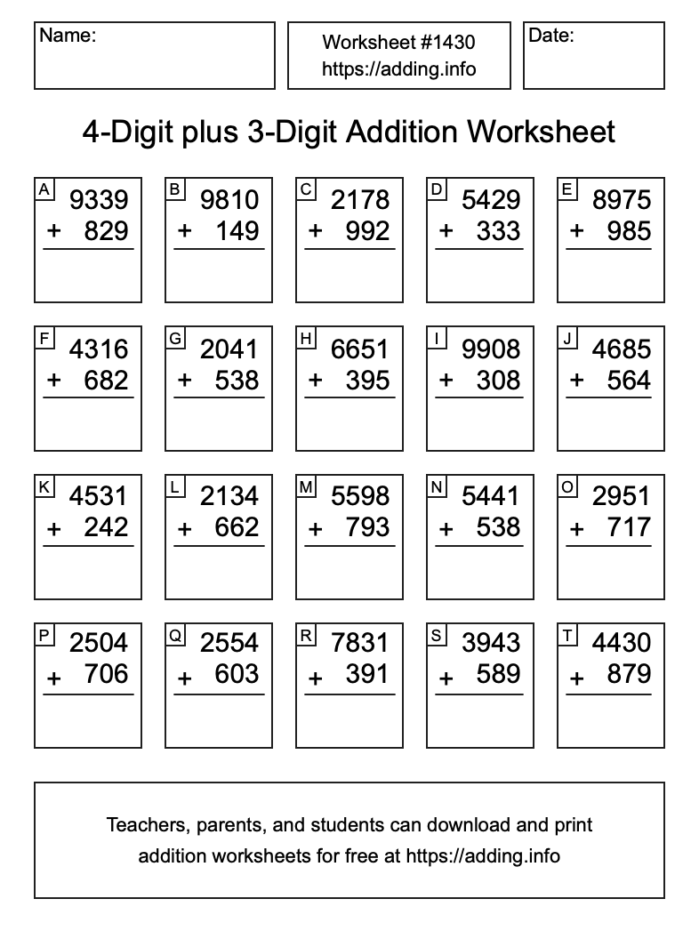 Addition Worksheet #1430 (4-Digit plus 3-Digit)