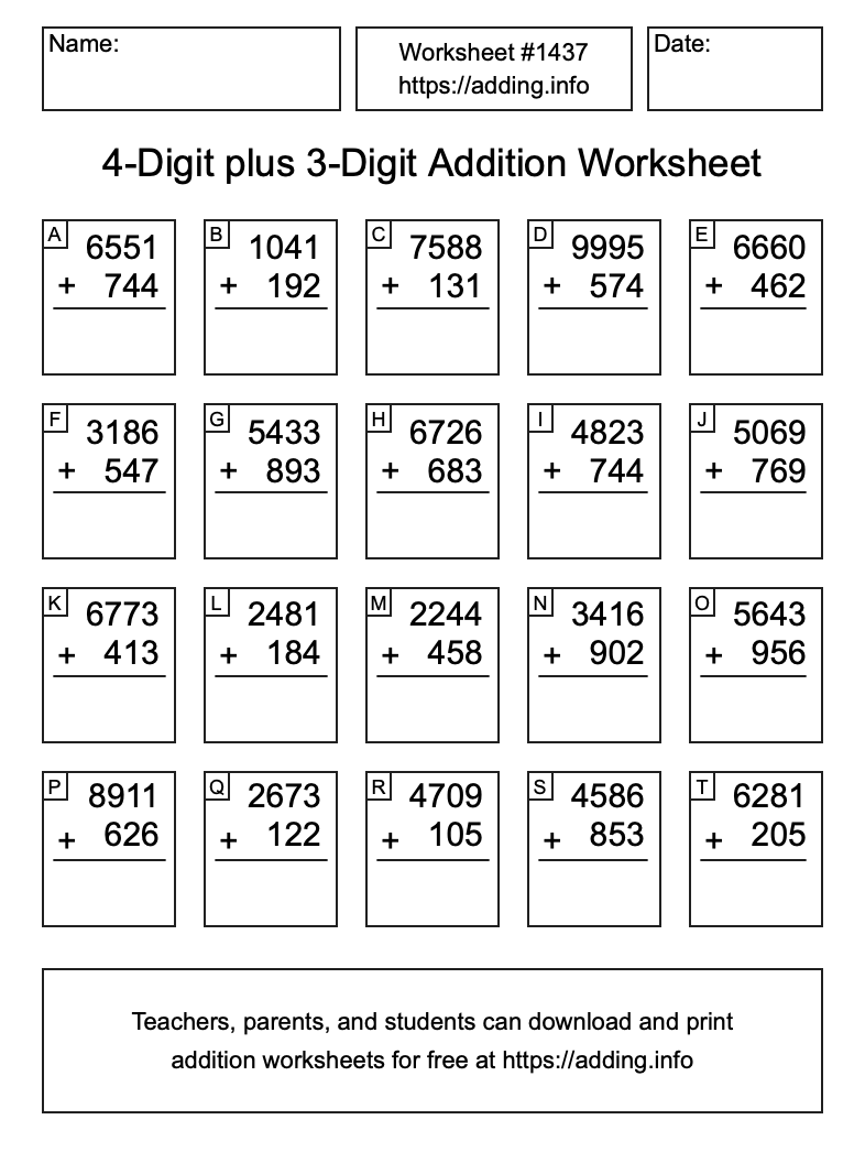 Addition Worksheet #1437 (4-Digit plus 3-Digit)
