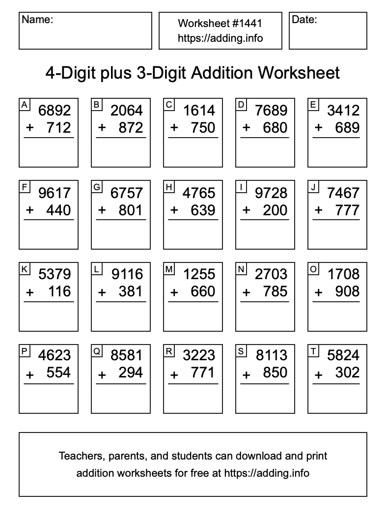 Addition Worksheet #1441 (4-Digit plus 3-Digit)