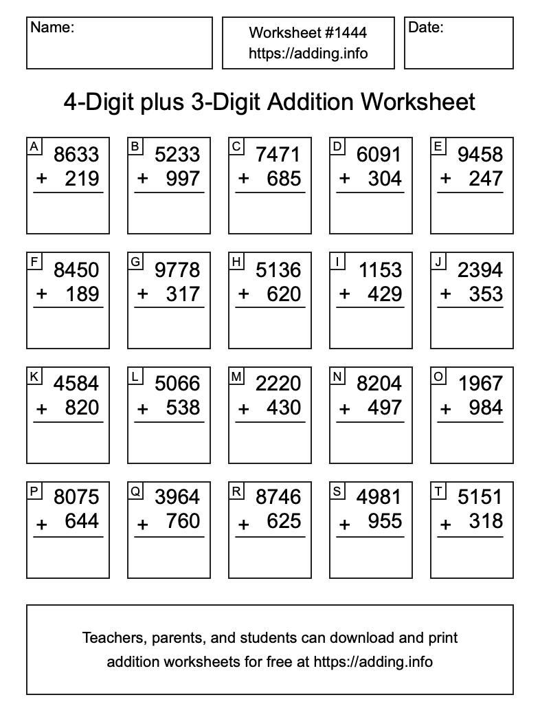 Addition Worksheet #1444 (4-Digit plus 3-Digit)