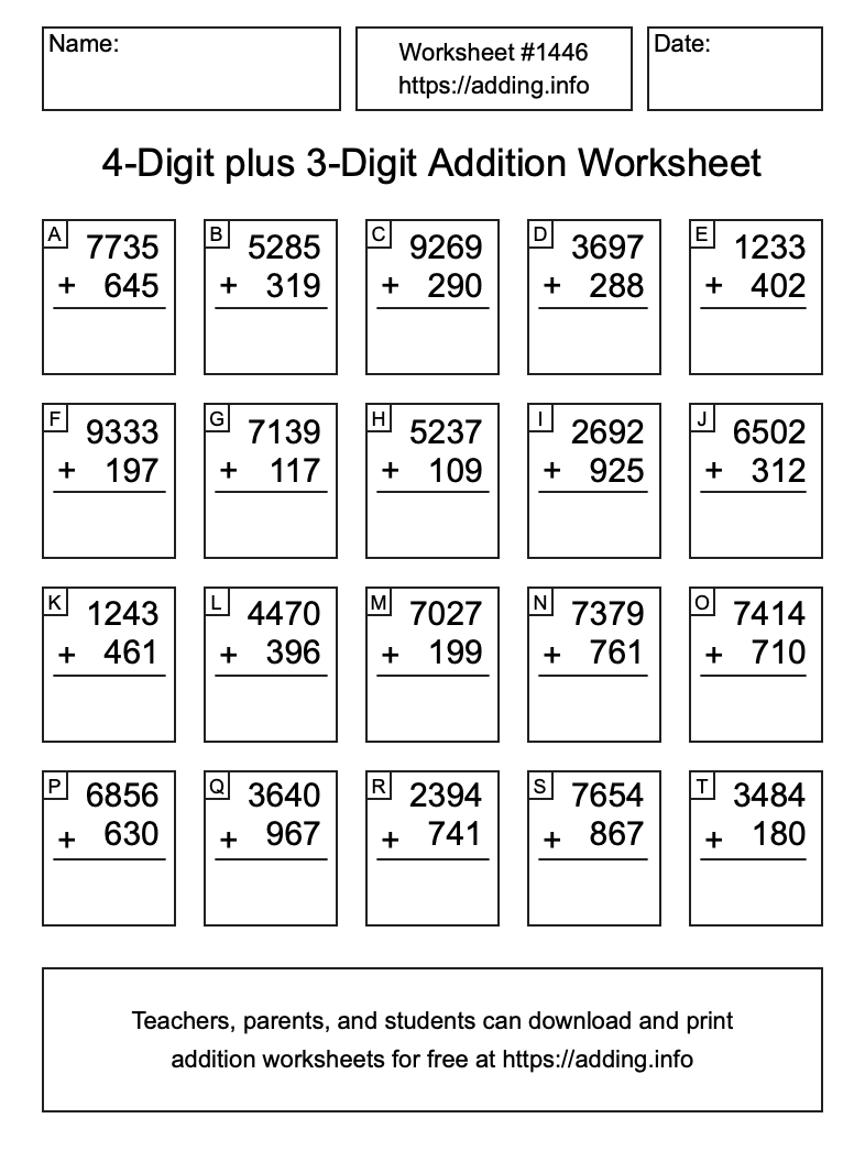 Addition Worksheet #1446 (4-Digit plus 3-Digit)
