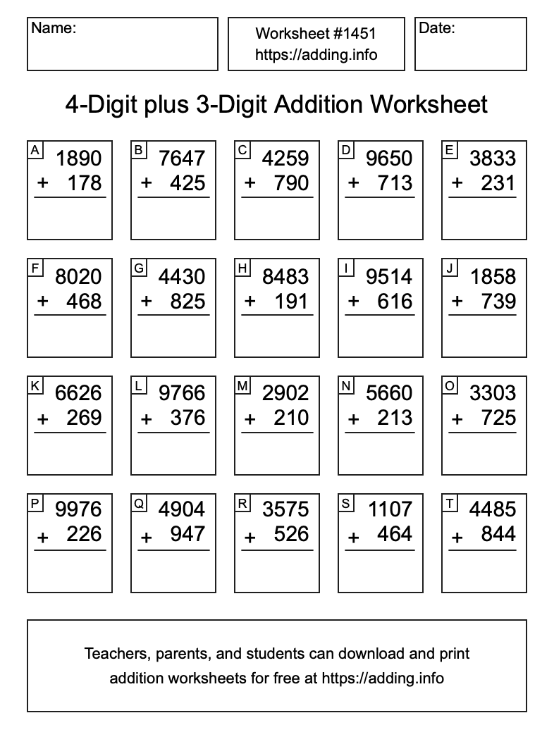 Addition Worksheet #1451 (4-Digit plus 3-Digit)