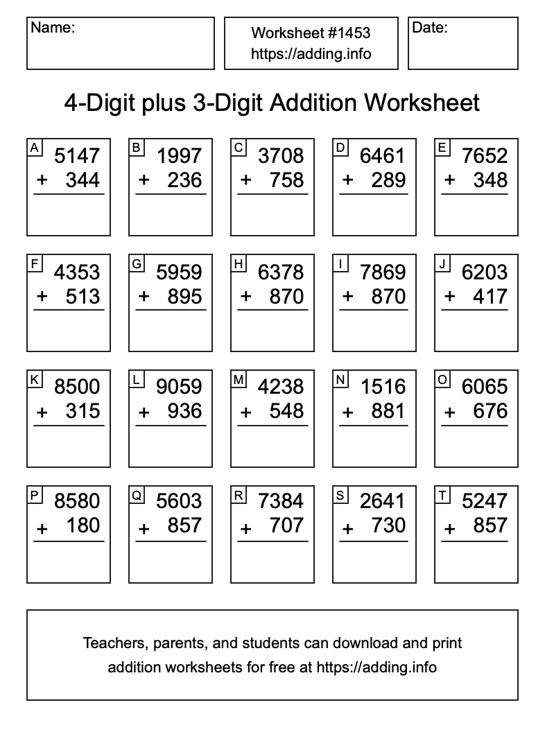 Addition Worksheet #1453 (4-Digit plus 3-Digit)