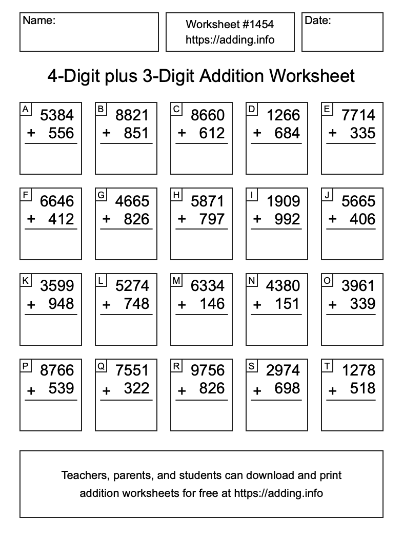 Addition Worksheet #1454 (4-Digit plus 3-Digit)
