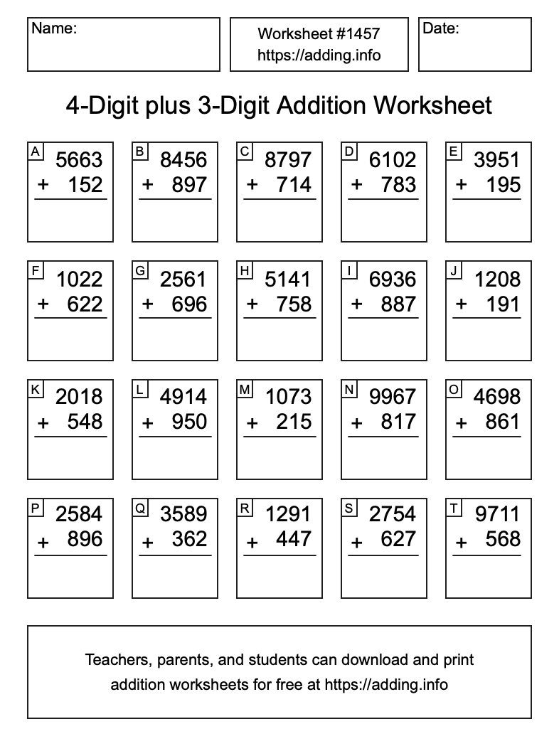 Addition Worksheet #1457 (4-Digit plus 3-Digit)