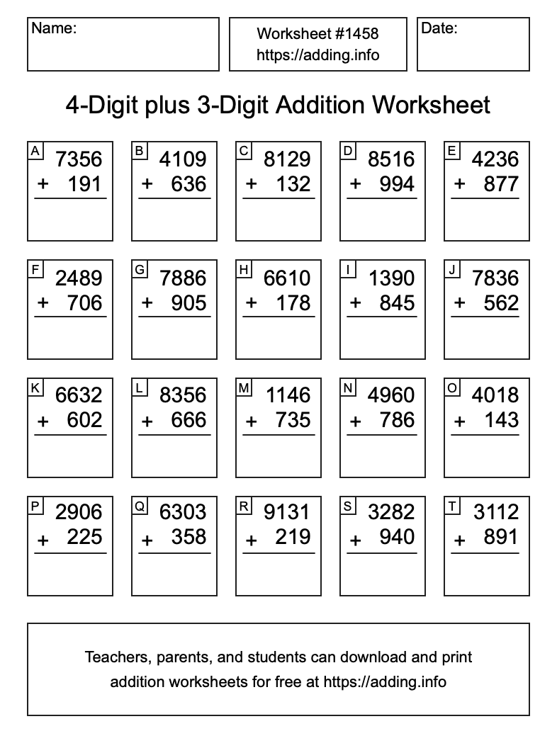 Addition Worksheet #1458 (4-Digit plus 3-Digit)