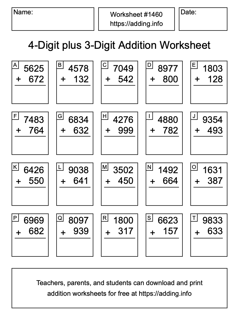 Addition Worksheet #1460 (4-Digit plus 3-Digit)