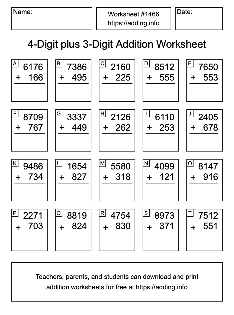 Addition Worksheet #1466 (4-Digit plus 3-Digit)