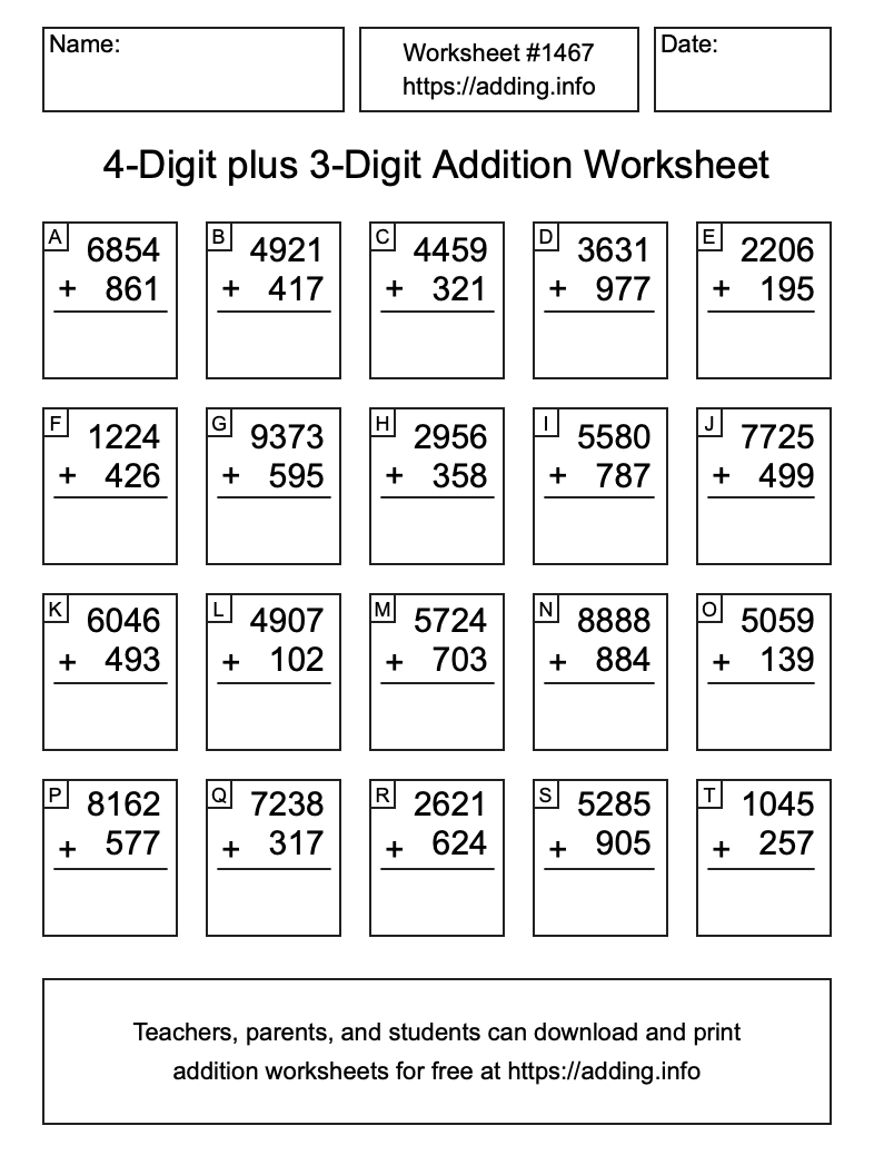 Addition Worksheet #1467 (4-Digit plus 3-Digit)