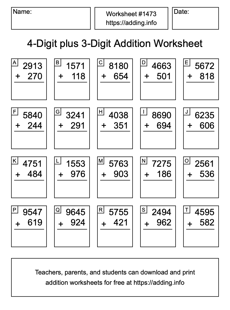 Addition Worksheet #1473 (4-Digit plus 3-Digit)