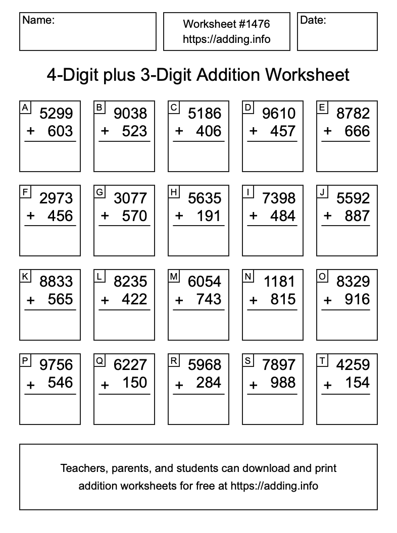 Addition Worksheet #1476 (4-Digit plus 3-Digit)