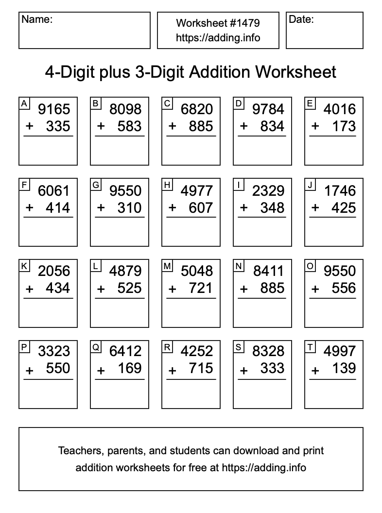 Addition Worksheet #1479 (4-Digit plus 3-Digit)