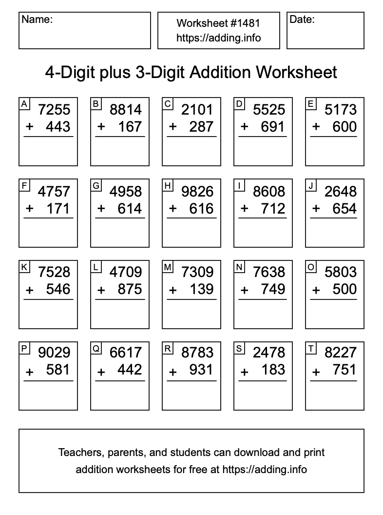 Addition Worksheet #1481 (4-Digit plus 3-Digit)