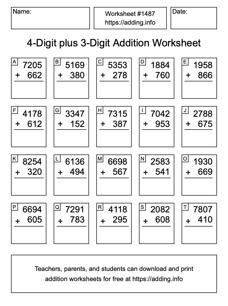 Addition Worksheet #1487 (4-Digit plus 3-Digit)