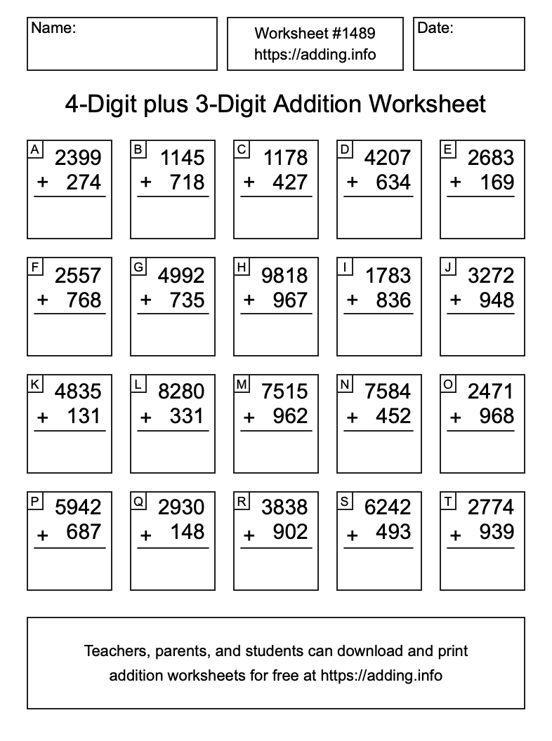 Addition Worksheet #1489 (4-Digit plus 3-Digit)