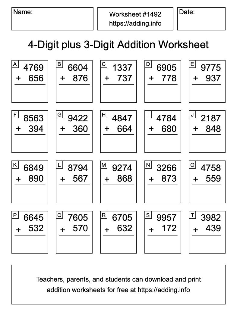 Addition Worksheet #1492 (4-Digit plus 3-Digit)