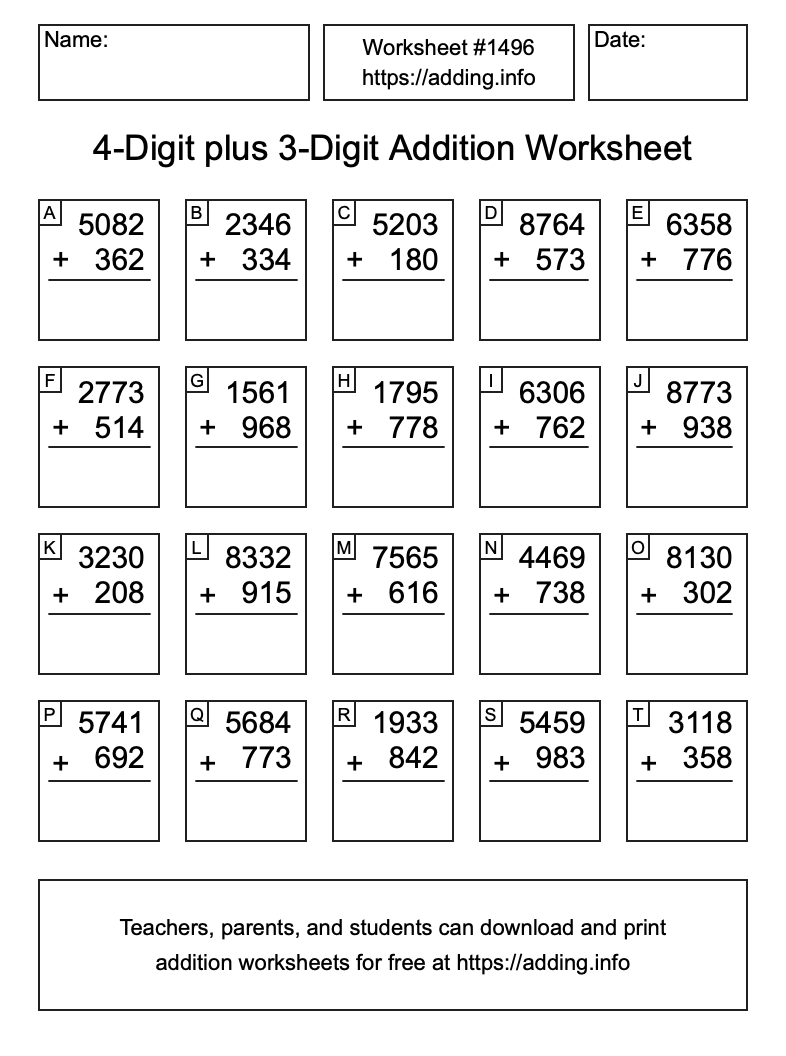 Addition Worksheet #1496 (4-Digit plus 3-Digit)