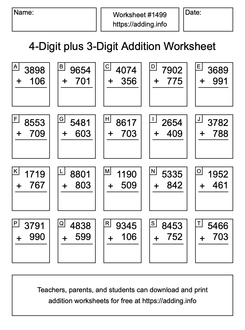 Addition Worksheet #1499 (4-Digit plus 3-Digit)