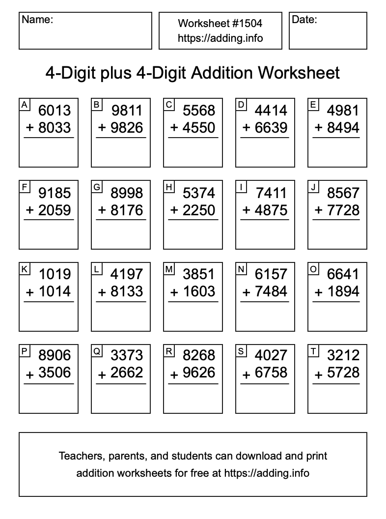 Addition Worksheet #1504 (4-Digit plus 4-Digit)