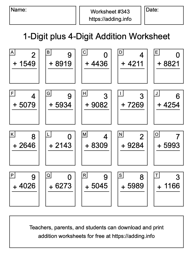 Addition Worksheet #343 (1-Digit plus 4-Digit)