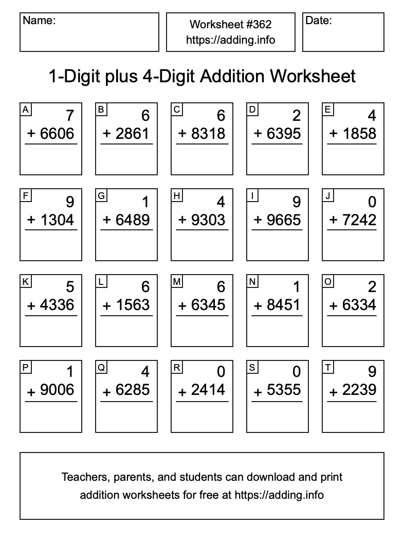 Addition Worksheet #362 (1-Digit plus 4-Digit)