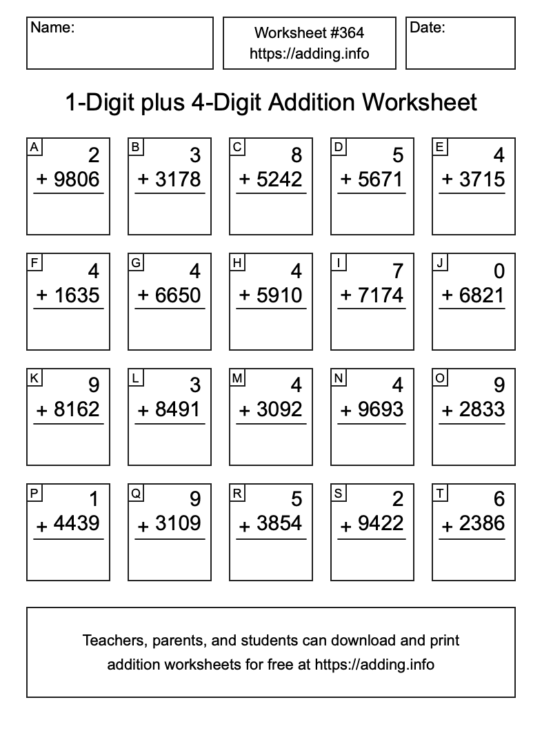 Addition Worksheet #364 (1-Digit plus 4-Digit)