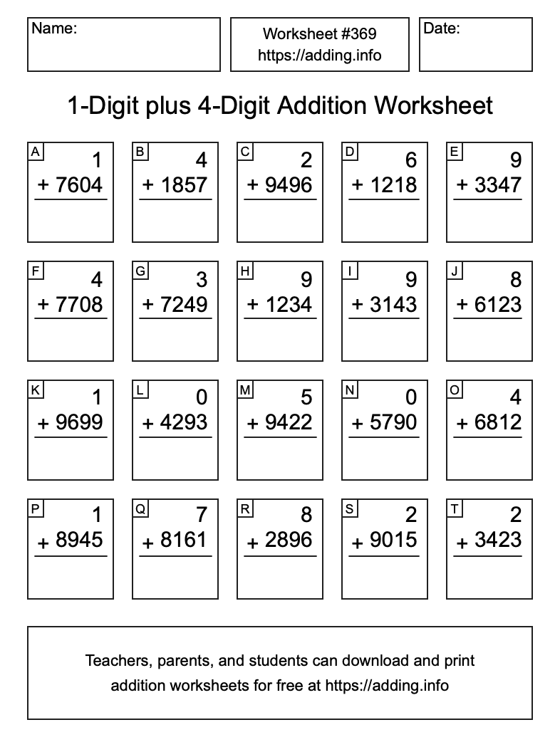 Addition Worksheet #369 (1-Digit plus 4-Digit)