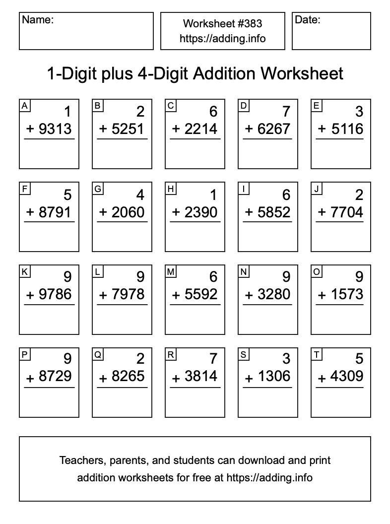 Addition Worksheet #383 (1-Digit plus 4-Digit)