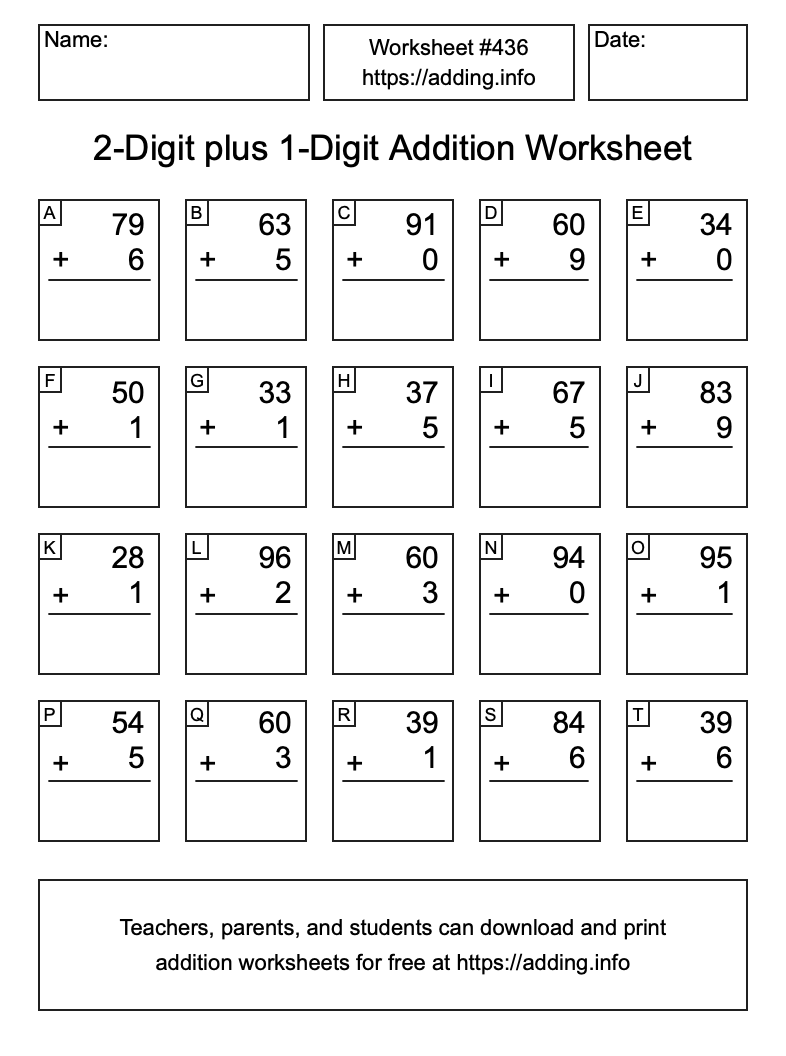 Addition Worksheet #436 (2-Digit plus 1-Digit)