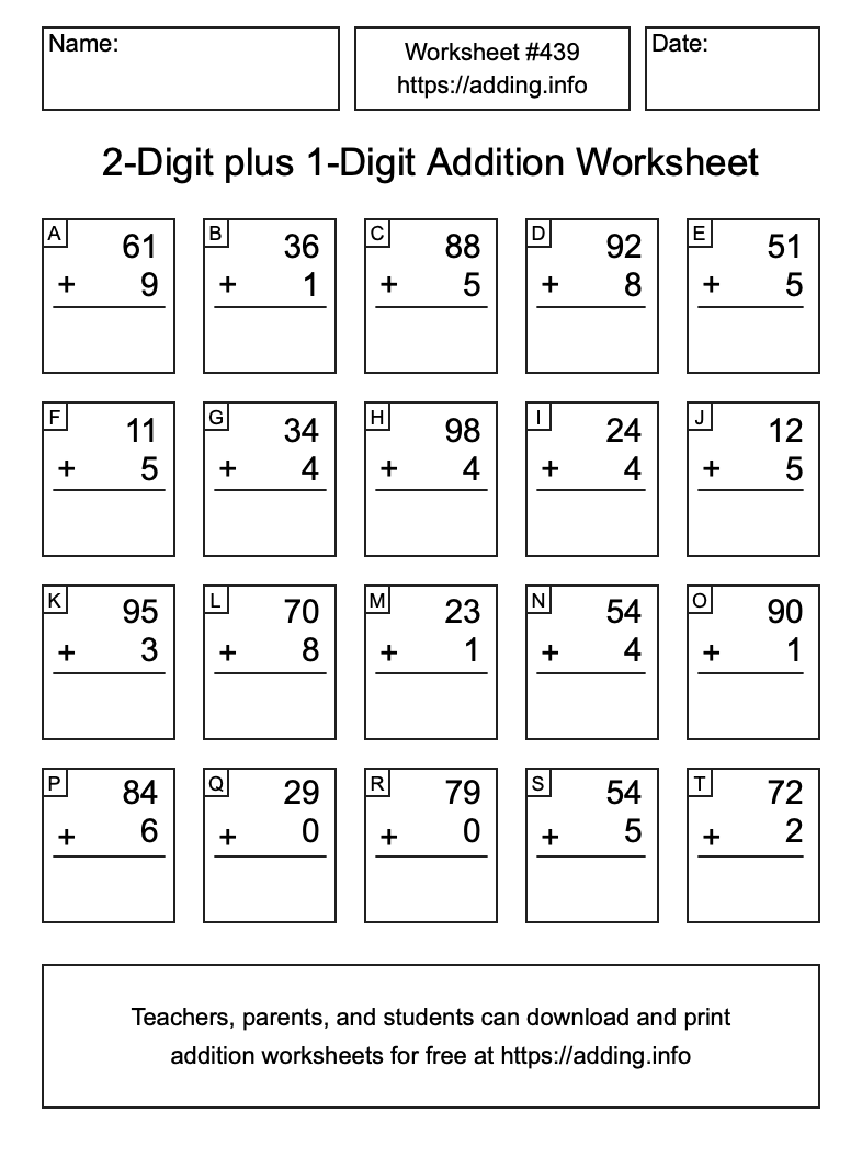 Addition Worksheet #439 (2-Digit plus 1-Digit)