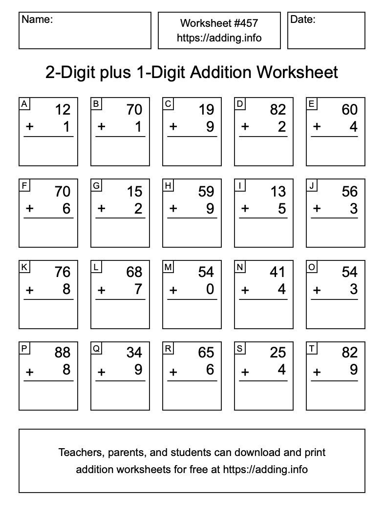Addition Worksheet #457 (2-Digit plus 1-Digit)