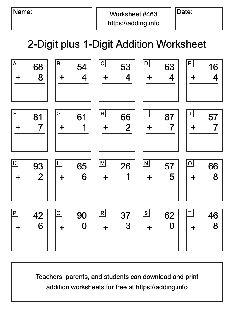 Addition Worksheet #463 (2-Digit plus 1-Digit)