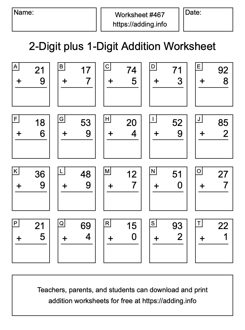 Addition Worksheet #467 (2-Digit plus 1-Digit)