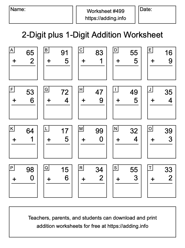 Addition Worksheet #499 (2-Digit plus 1-Digit)