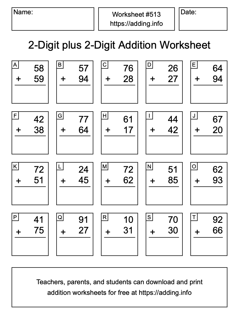Addition Worksheet #513 (2-Digit plus 2-Digit)
