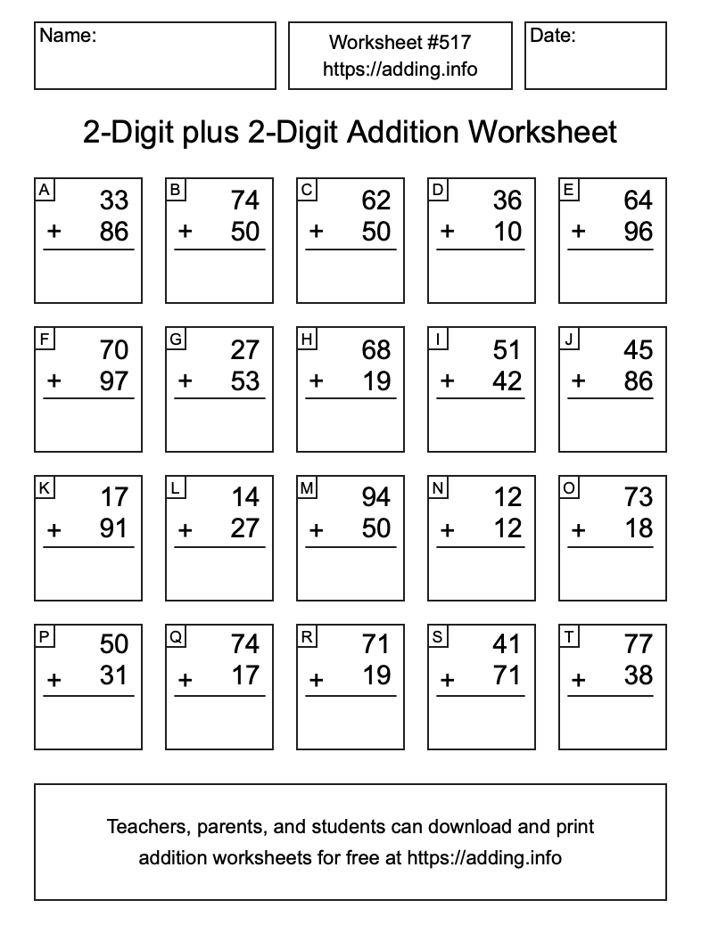 Addition Worksheet #517 (2-Digit plus 2-Digit)
